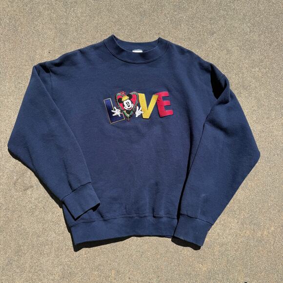 Vintage 90's Mickey Minnie Mouse Love Navy Crewneck Pullover Sweatshirt Sz Large - Picture 1 of 5